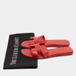 Hermes Red Leather Oran Flat Slides Size 35