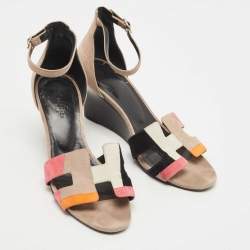 Pre Owned Hermes Multicolor Suede Legend Wedge Sandals Size 38