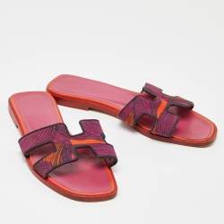 Hermes Pink Printed Canvas Oran Slide Sandals Size 35