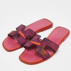 Hermes Pink Printed Canvas Oran Slide Sandals Size 35