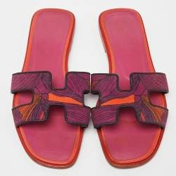 Hermes Pink Printed Canvas Oran Slide Sandals Size 35