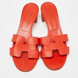 Hermes Orange Leather Oasis Slide Sandals Size 37