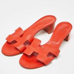 Hermes Orange Leather Oasis Slide Sandals Size 37