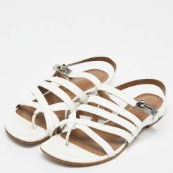 مملوكة مسبقًا Hermes White Patent Leather Marine Strappy Flat Sandals Size 37