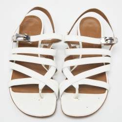 مملوكة مسبقًا Hermes White Patent Leather Marine Strappy Flat Sandals Size 37