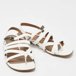 مملوكة مسبقًا Hermes White Patent Leather Marine Strappy Flat Sandals Size 37