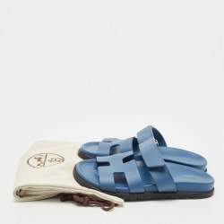 Pre Owned Hermes Blue Leather Chypre Slides Size 37