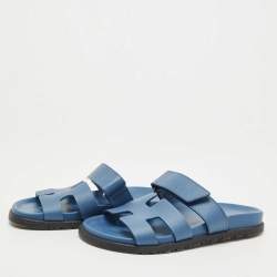 Pre Owned Hermes Blue Leather Chypre Slides Size 37