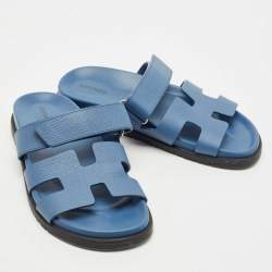 Pre Owned Hermes Blue Leather Chypre Slides Size 37