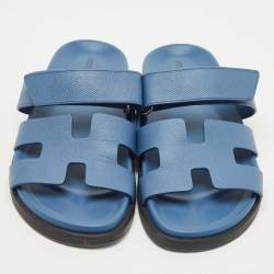 Pre Owned Hermes Blue Leather Chypre Slides Size 37