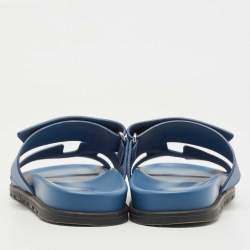 Pre Owned Hermes Blue Leather Chypre Slides Size 37