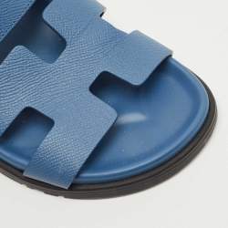 Pre Owned Hermes Blue Leather Chypre Slides Size 37
