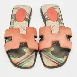 Hermes Pink Suede Oran Flat Slides Size 38