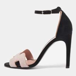 Pre Owned Hermes Pink/Black Crystal Powder and Suede Premiere Sandals Size 37.5