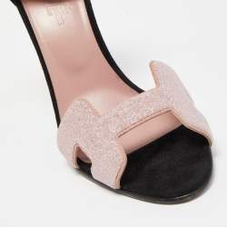 Pre Owned Hermes Pink/Black Crystal Powder and Suede Premiere Sandals Size 37.5