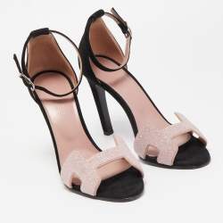 Pre Owned Hermes Pink/Black Crystal Powder and Suede Premiere Sandals Size 37.5
