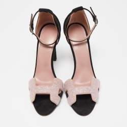 Pre Owned Hermes Pink/Black Crystal Powder and Suede Premiere Sandals Size 37.5
