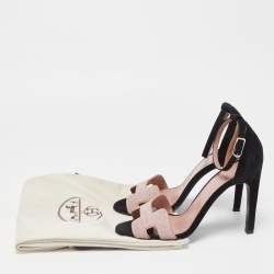 Pre Owned Hermes Pink/Black Crystal Powder and Suede Premiere Sandals Size 37.5