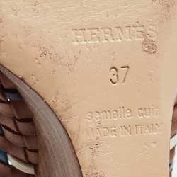 Pre Owned Hermes Tricolor Woven Leather Peep Toe Wedge Slingback Sandals Size 37