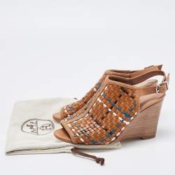 Pre Owned Hermes Tricolor Woven Leather Peep Toe Wedge Slingback Sandals Size 37