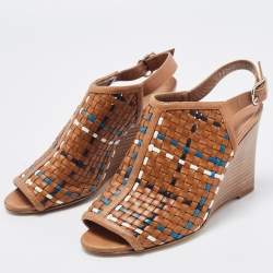 Pre Owned Hermes Tricolor Woven Leather Peep Toe Wedge Slingback Sandals Size 37