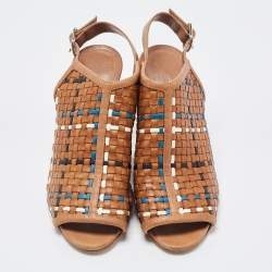 Pre Owned Hermes Tricolor Woven Leather Peep Toe Wedge Slingback Sandals Size 37