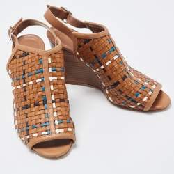 Pre Owned Hermes Tricolor Woven Leather Peep Toe Wedge Slingback Sandals Size 37