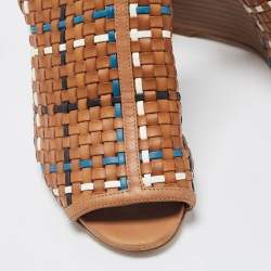 Pre Owned Hermes Tricolor Woven Leather Peep Toe Wedge Slingback Sandals Size 37