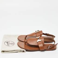 Pre Owned Hermes Brown Leather Galerie Slingback Flat Sandals Size 38.5