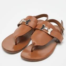 Pre Owned Hermes Brown Leather Galerie Slingback Flat Sandals Size 38.5