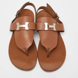 Pre Owned Hermes Brown Leather Galerie Slingback Flat Sandals Size 38.5