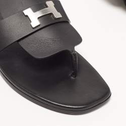 Hermes Black Leather Galerie Thong Flats Size 39
