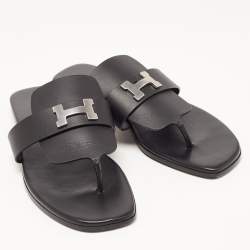 Hermes Black Leather Galerie Thong Flats Size 39