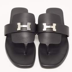 Hermes Black Leather Galerie Thong Flats Size 39