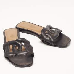 Hermes Black Leather Aloha Flat Slides Size 36