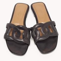 Hermes Black Leather Aloha Flat Slides Size 36