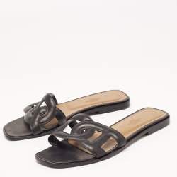 Hermes Black Leather Aloha Flat Slides Size 36