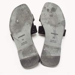 Pre Owned Hermes Black Leather and Suede Oran Crystals Slide Flats Size 38