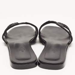 Pre Owned Hermes Black Leather and Suede Oran Crystals Slide Flats Size 38
