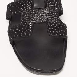 Pre Owned Hermes Black Leather and Suede Oran Crystals Slide Flats Size 38