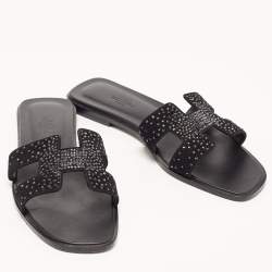 Pre Owned Hermes Black Leather and Suede Oran Crystals Slide Flats Size 38