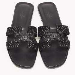 Pre Owned Hermes Black Leather and Suede Oran Crystals Slide Flats Size 38