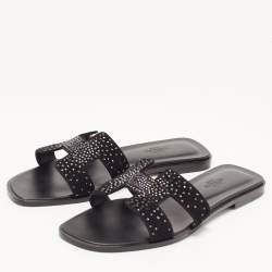 Pre Owned Hermes Black Leather and Suede Oran Crystals Slide Flats Size 38