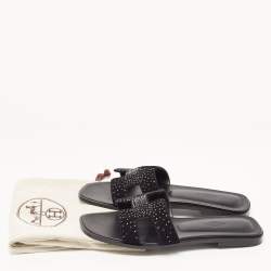 Pre Owned Hermes Black Leather and Suede Oran Crystals Slide Flats Size 38
