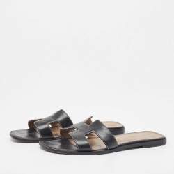 Hermes Black Leather Oran Flat Slides Size 38.5