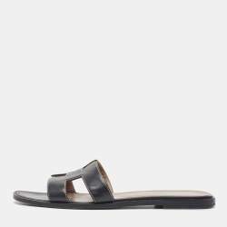 Hermes Black Leather Oran Flat Slides Size 38.5
