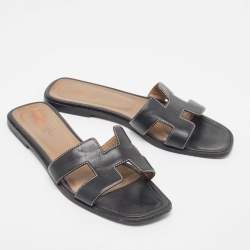 Hermes Black Leather Oran Flat Slides Size 38.5
