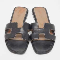 Hermes Black Leather Oran Flat Slides Size 38.5
