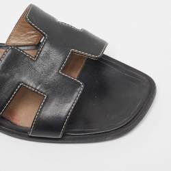 Hermes Black Leather Oran Flat Slides Size 38.5