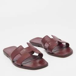 Hermes Burgundy Leather Oran Flat Slides Size 39